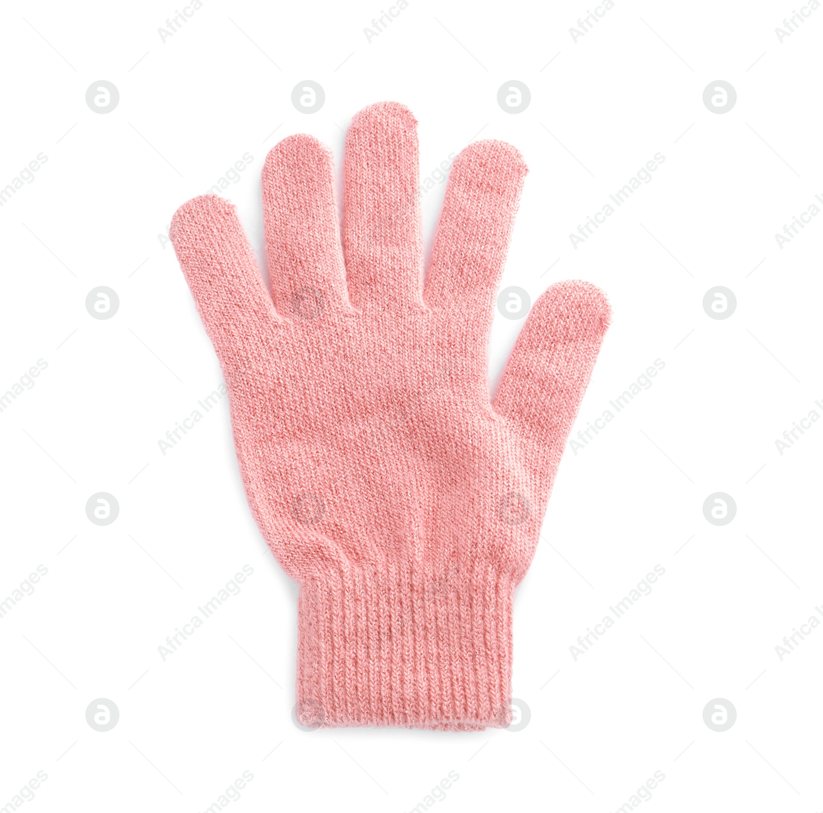 Photo of Beige woolen glove isolated on white, top view. Winter clothes