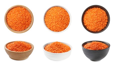 Image of Red lentils in bowls on white background, top and side views