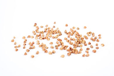 Uncooked buckwheat on white background. Healthy diet