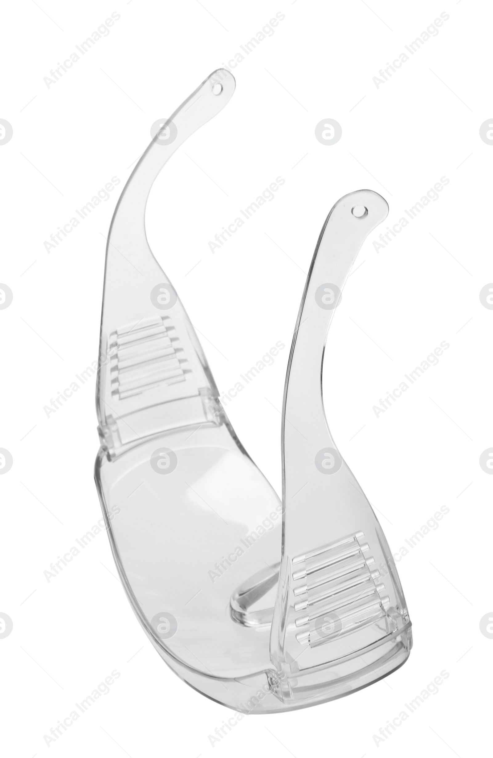 Photo of Protective goggles on white background. Construction tool