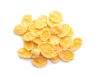 Photo of Pile of tasty corn flakes on white background, top view