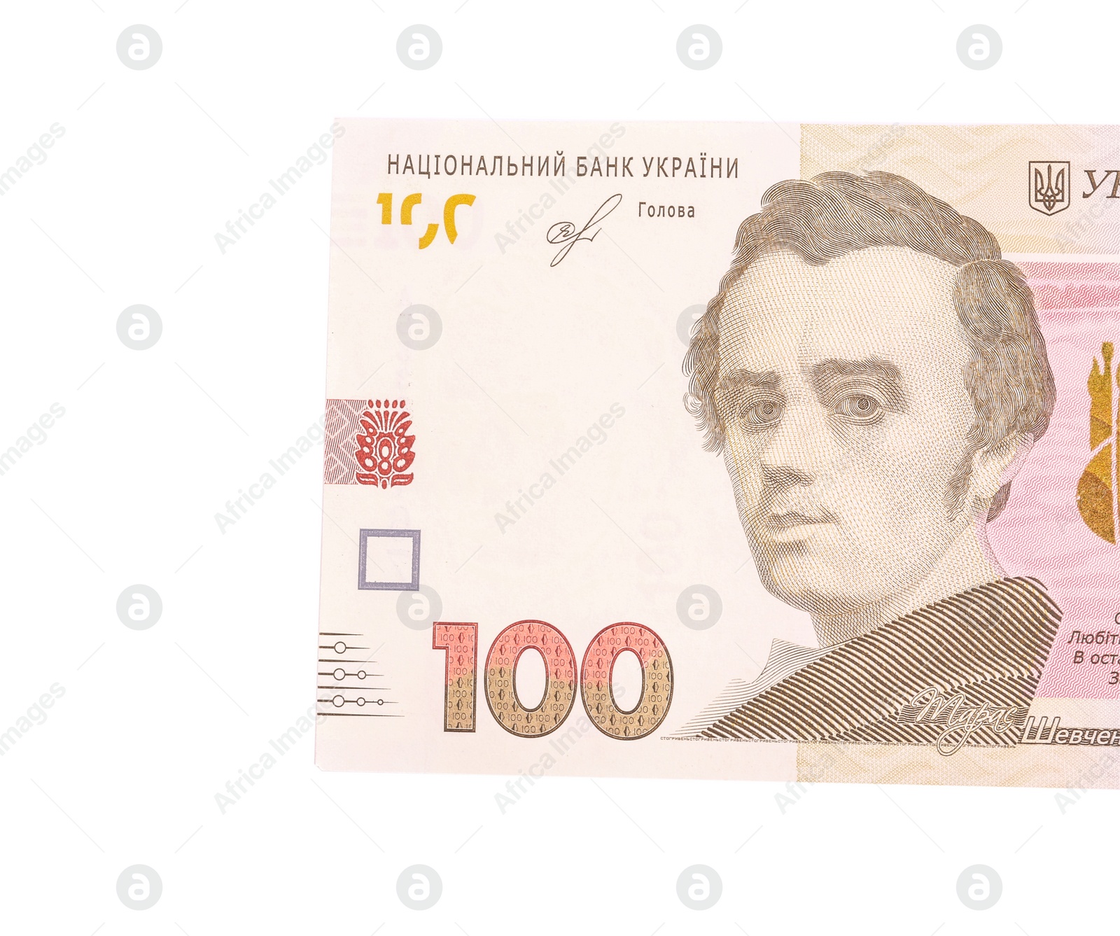 Photo of 100 Ukrainian Hryvnia banknote on white background, top view