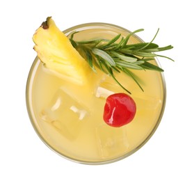 Photo of Glass of tasty pineapple cocktail with rosemary and cherry isolated on white, top view