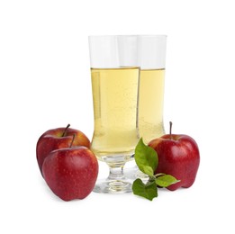 Photo of Delicious cider and red apples isolated on white