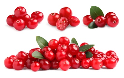 Set of fresh ripe cranberries on white background