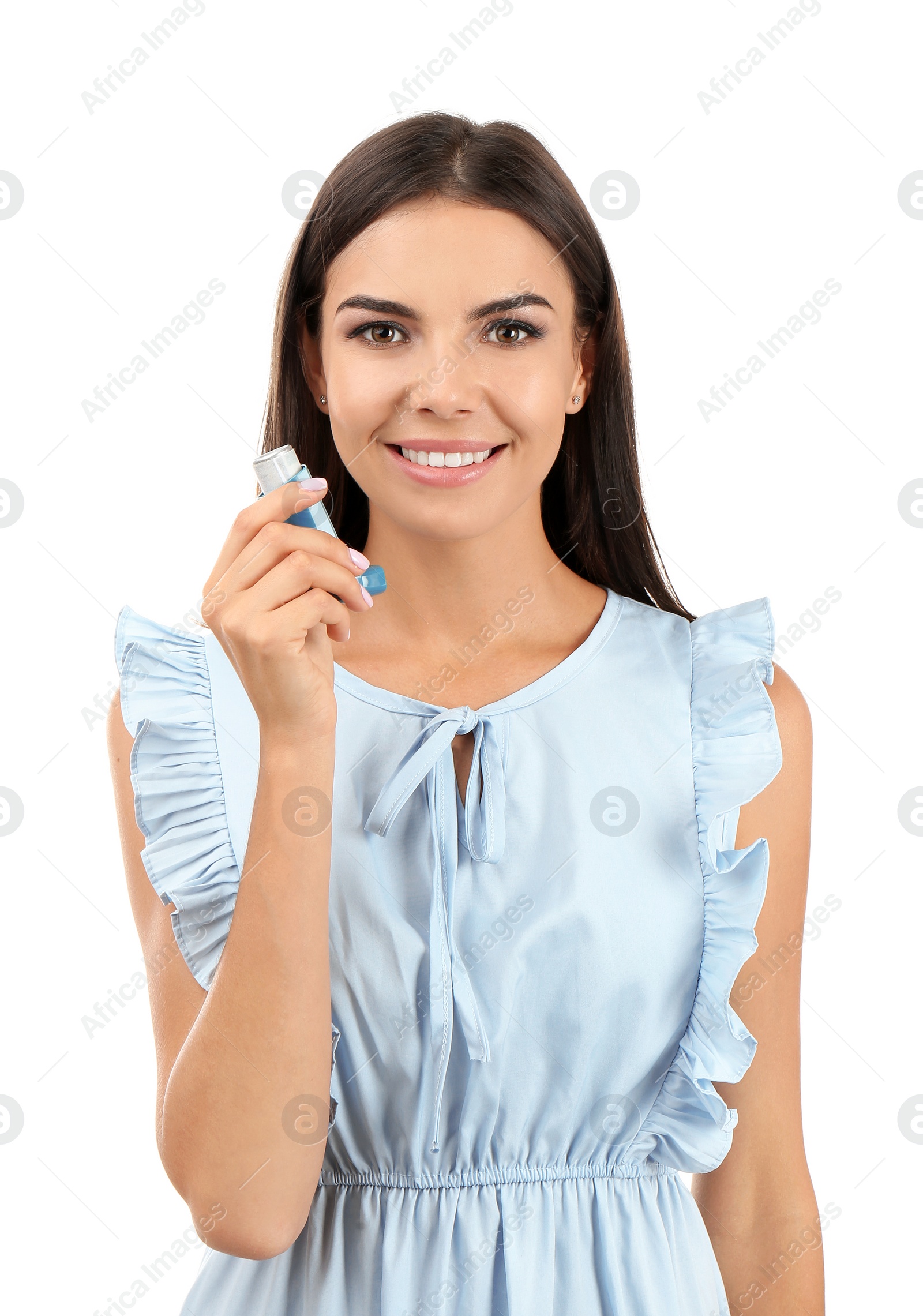 Photo of Young woman with asthma inhaler on white background