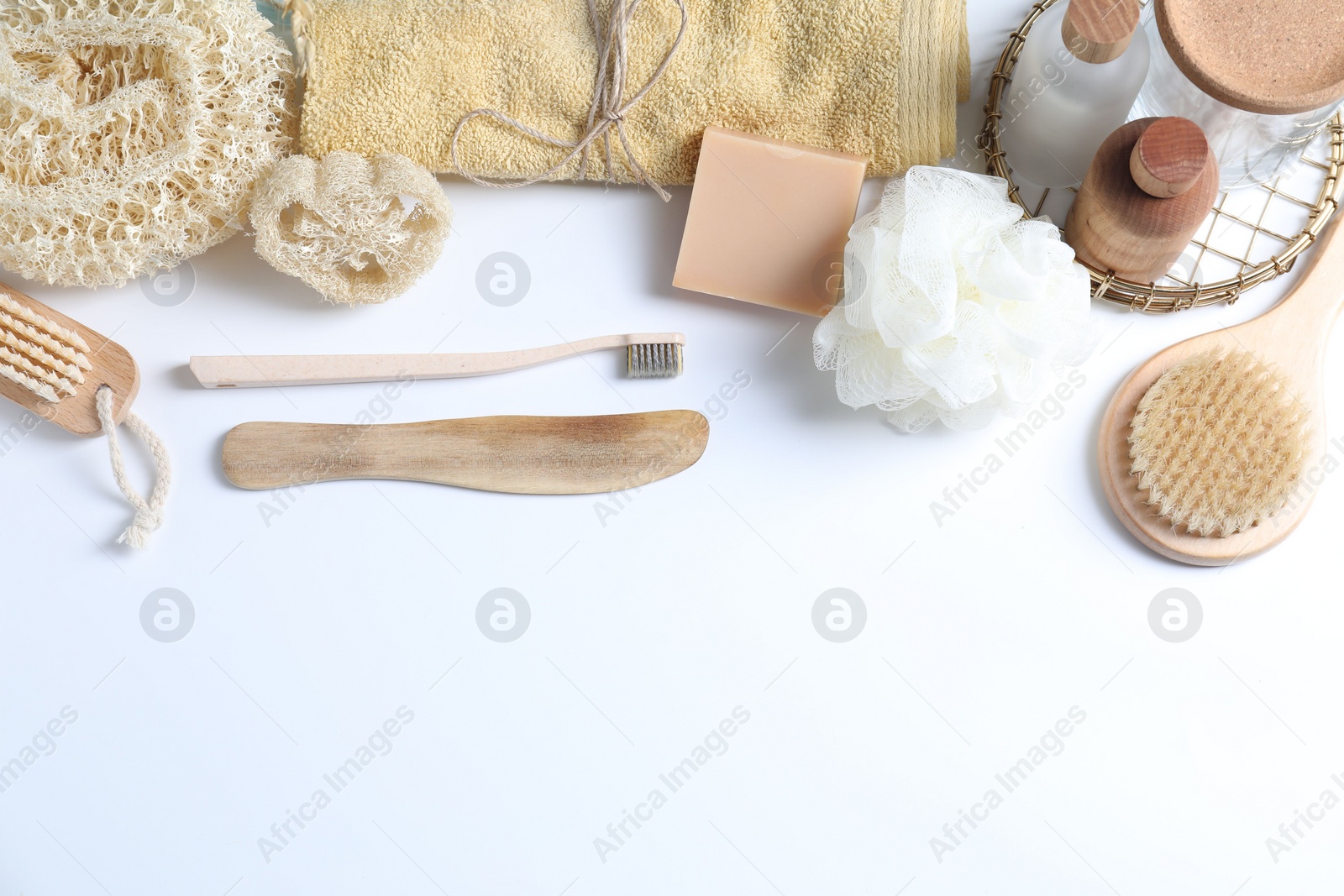 Photo of Bath accessories. Flat lay composition with personal care products on white background, space for text