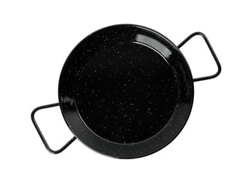 Photo of New wok pan isolated on white, top view. Cooking utensils