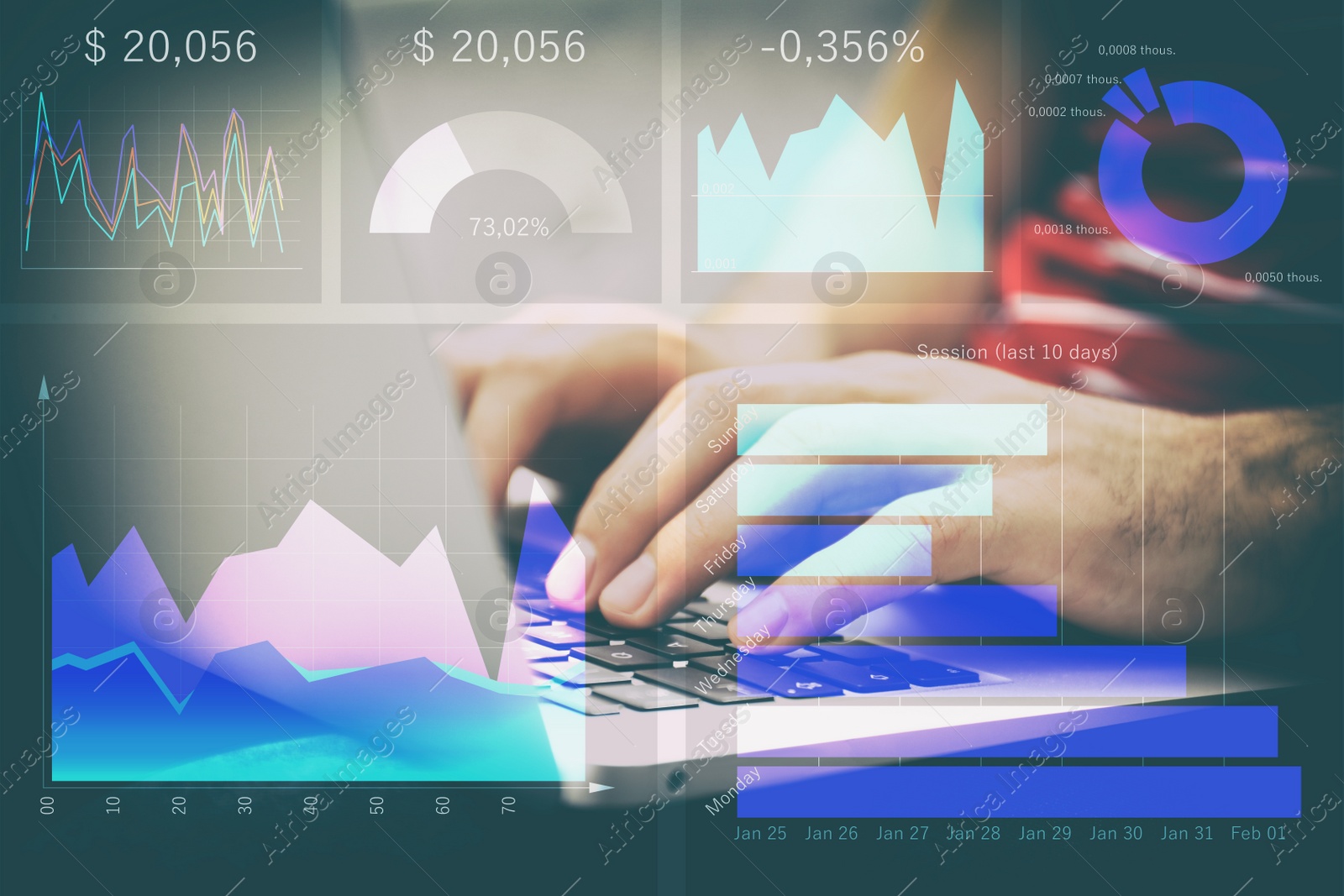 Image of Forex trading. Man working on laptop and charts, closeup