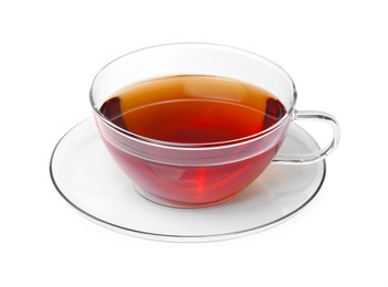 Photo of Glass cup of hot aromatic tea on white background