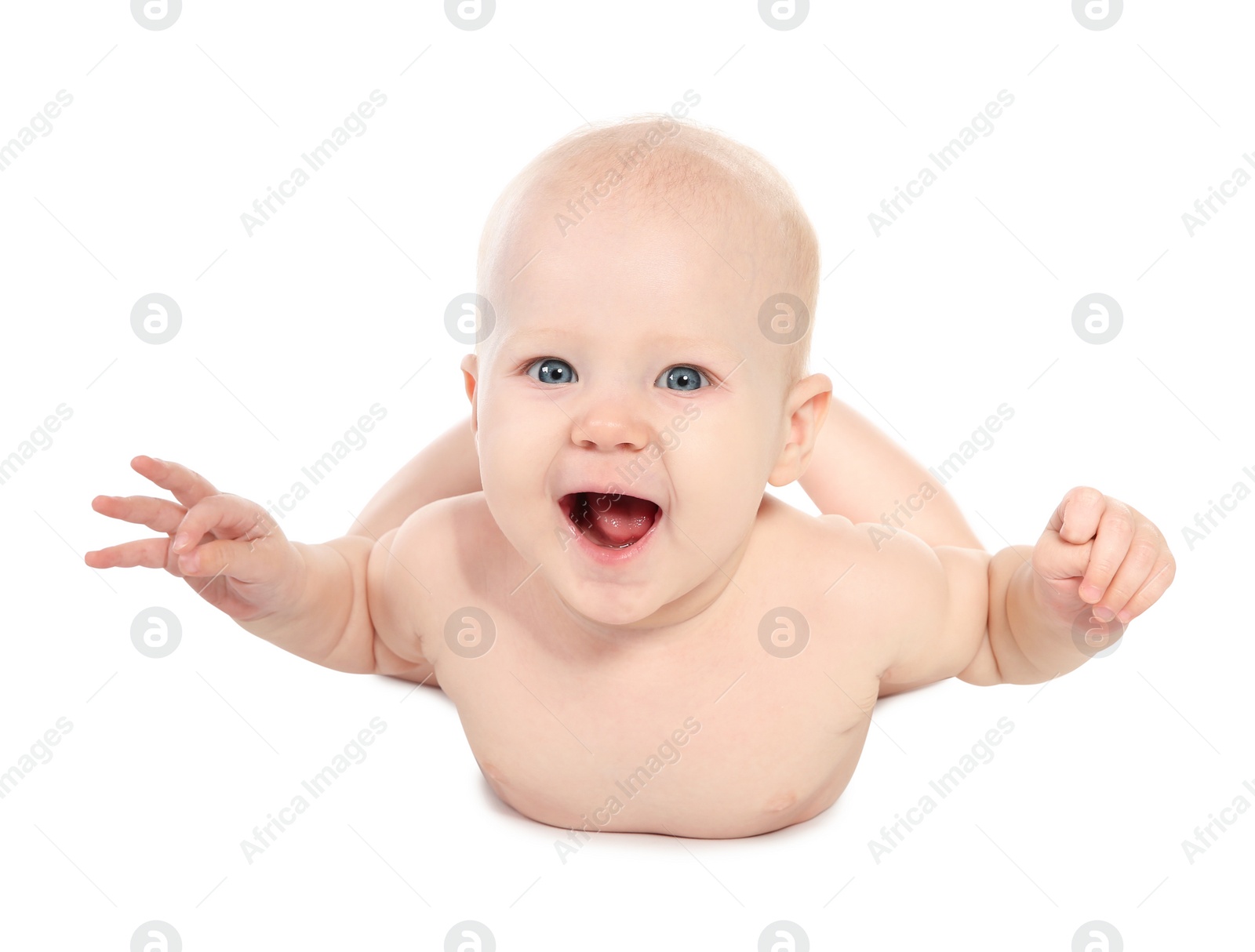 Photo of Cute little baby on white background. Tummy and crawling time