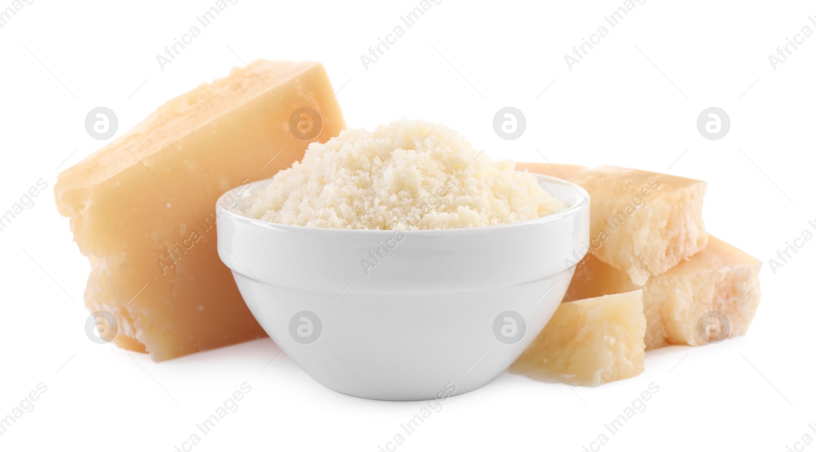 Photo of Delicious grated parmesan cheese on white background