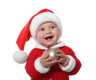 Photo of Cute baby in costume with Christmas ball on white background