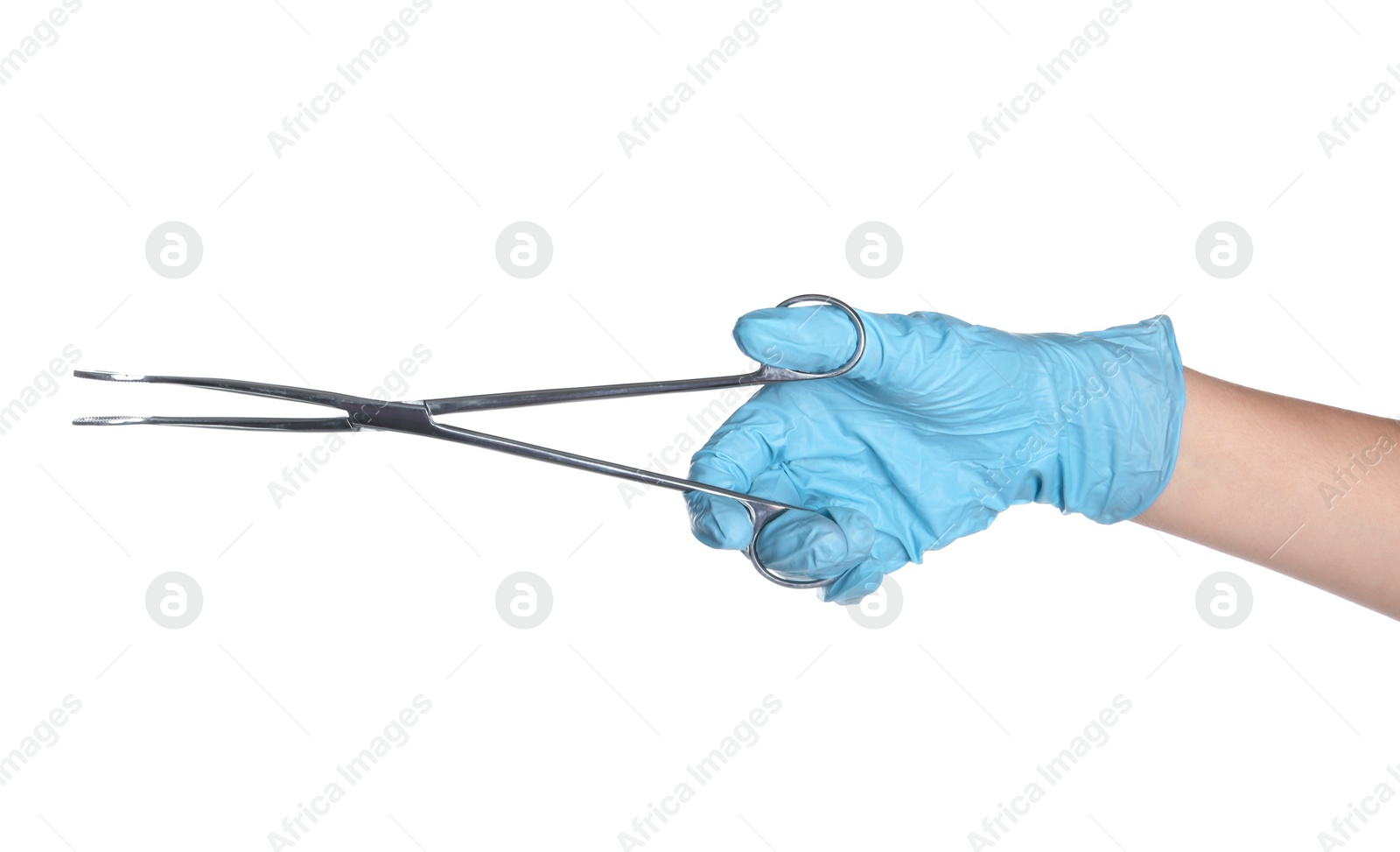 Photo of Doctor in sterile glove holding medical forceps on white background