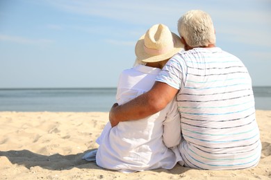 Mature couple spending time together on sea beach, back view