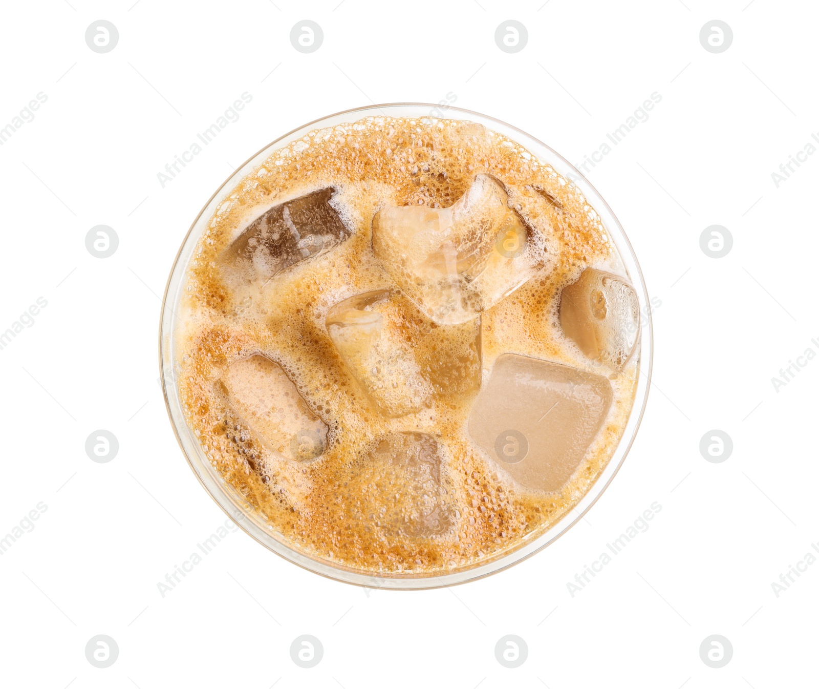 Photo of Takeaway plastic cup with cold coffee drink isolated on white, top view