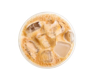 Photo of Takeaway plastic cup with cold coffee drink isolated on white, top view