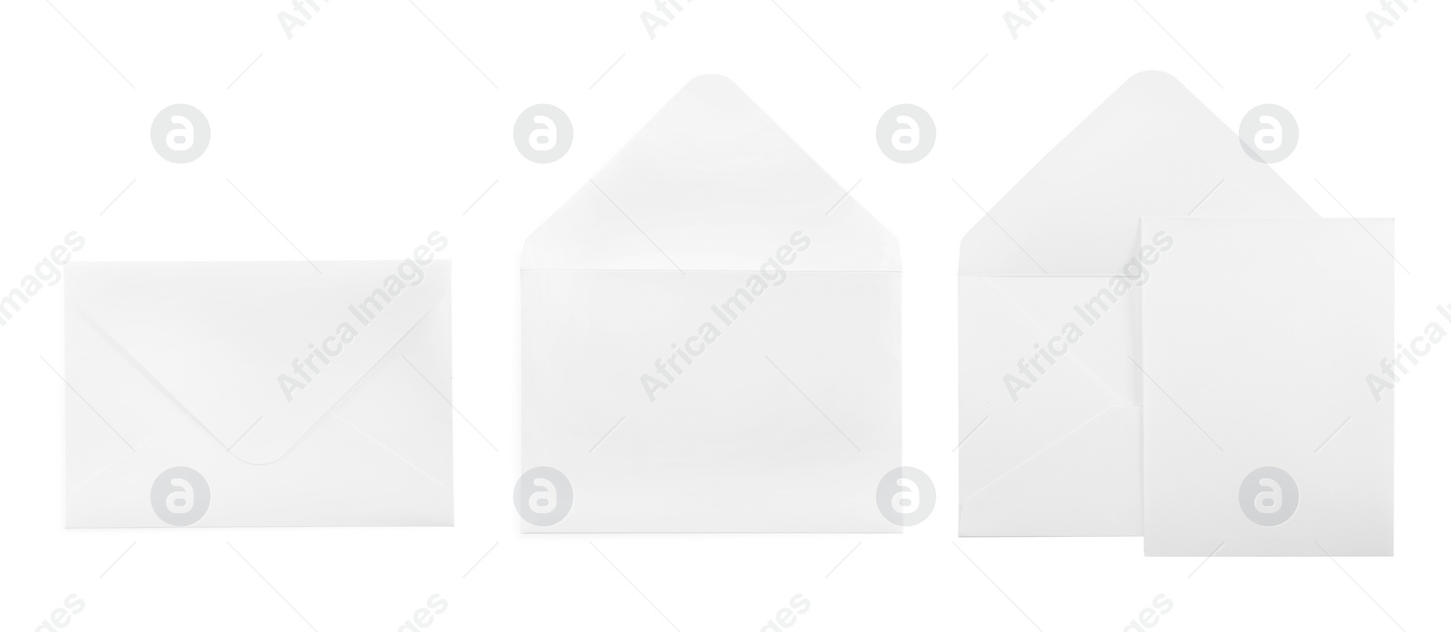 Image of Set with blank paper envelopes on white background. Banner design