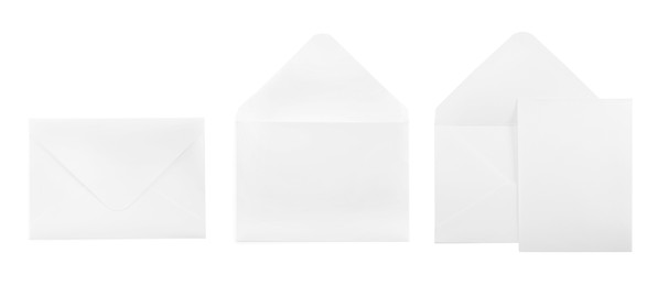 Image of Set with blank paper envelopes on white background. Banner design