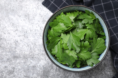 Photo of Fresh green parsley on grey table, top view. Space for text