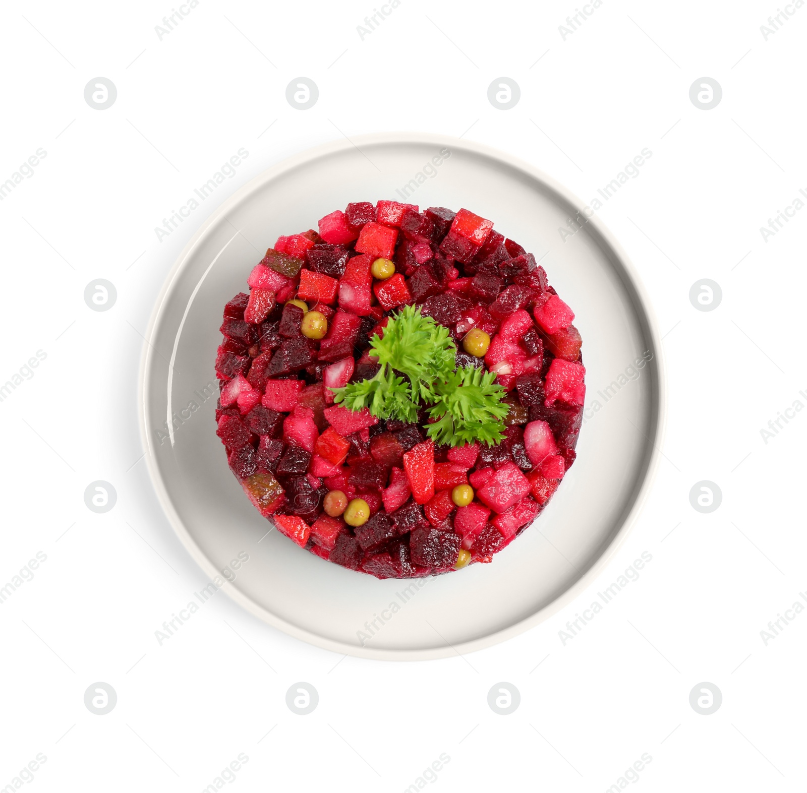 Photo of Plate with traditional Russian salad vinaigrette isolated on white, top view