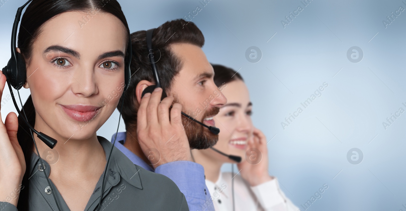 Image of Hotline operators with headsets in office, space for text. Banner design