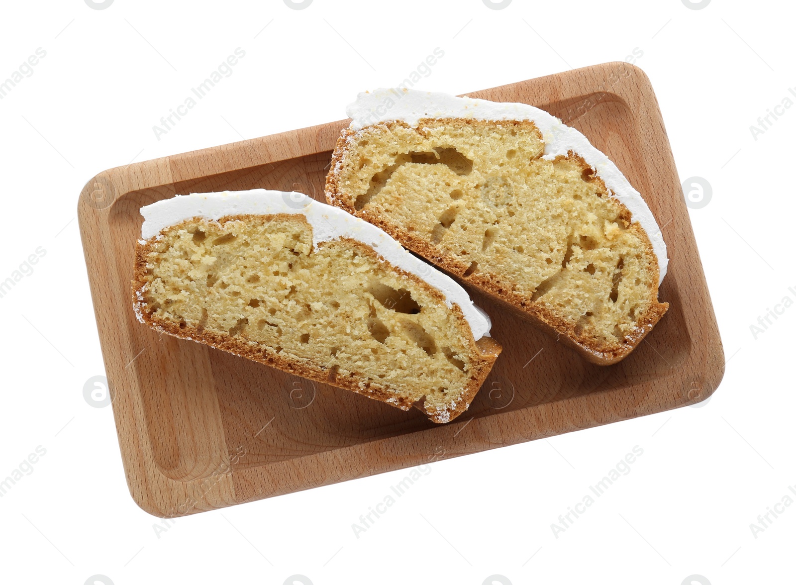 Photo of Pieces of homemade yogurt cake with cream on white background, top view