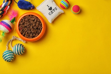 Photo of Bowl with food for cat and accessories on color background. Pet care