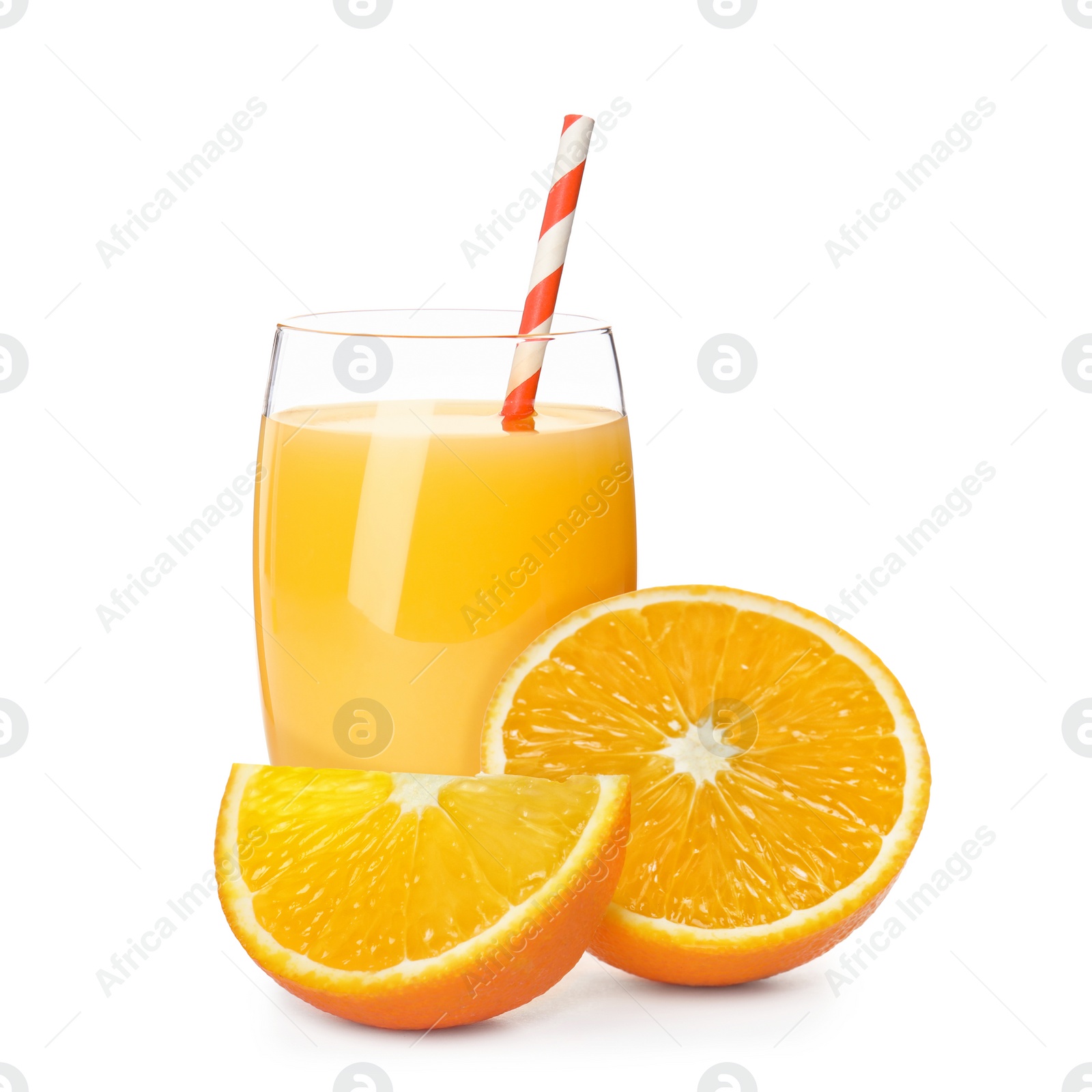 Image of Glass of orange juice and fresh fruits on white background