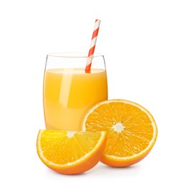 Glass of orange juice and fresh fruits on white background