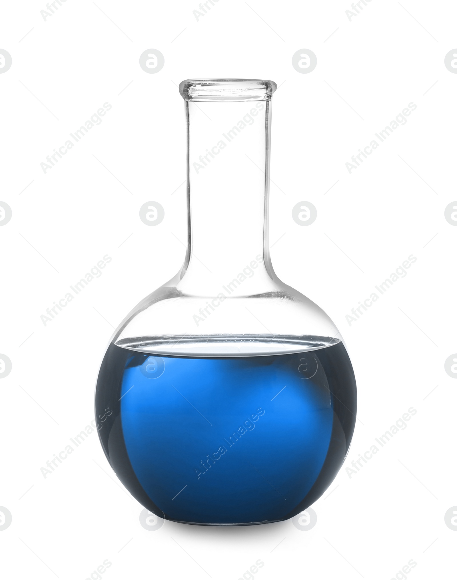 Image of Boiling flask with blue liquid isolated on white. Laboratory glassware