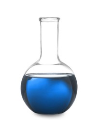 Boiling flask with blue liquid isolated on white. Laboratory glassware