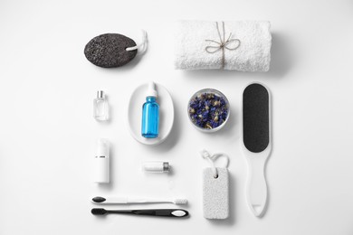 Bath accessories. Flat lay composition with personal care products on white background