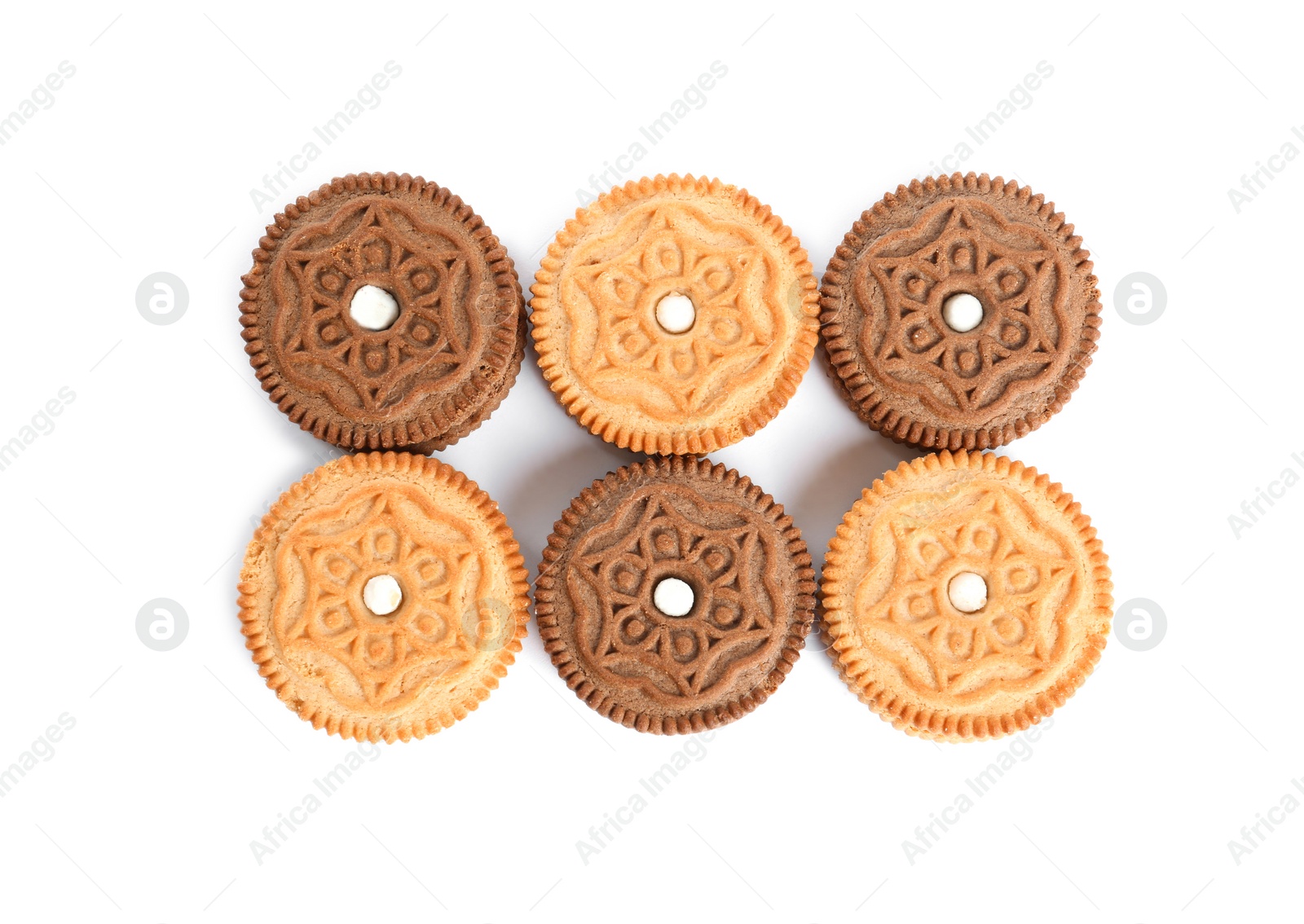 Photo of Different tasty sandwich cookies on white background, top view