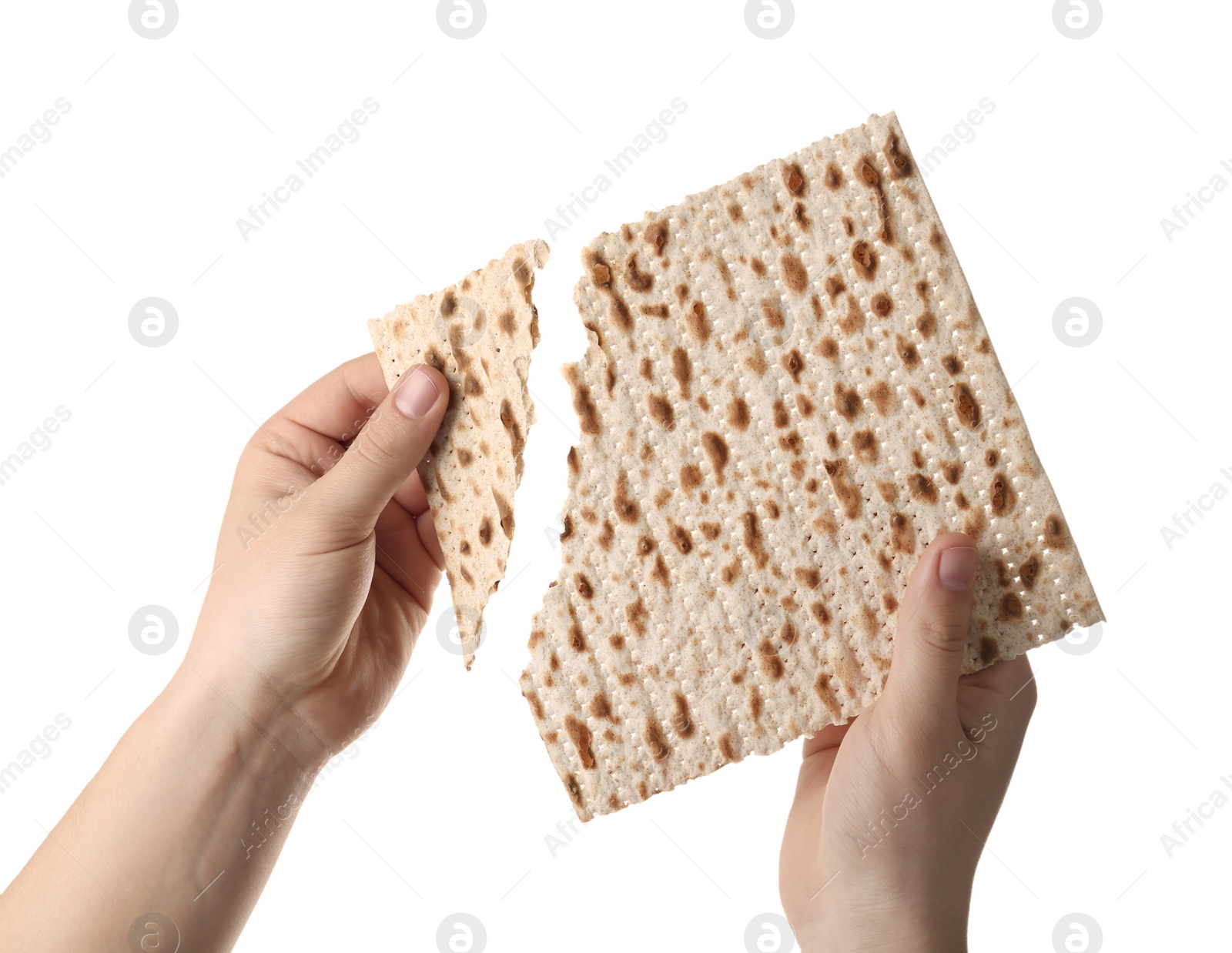 Photo of Woman with passover matzo on white background, closeup