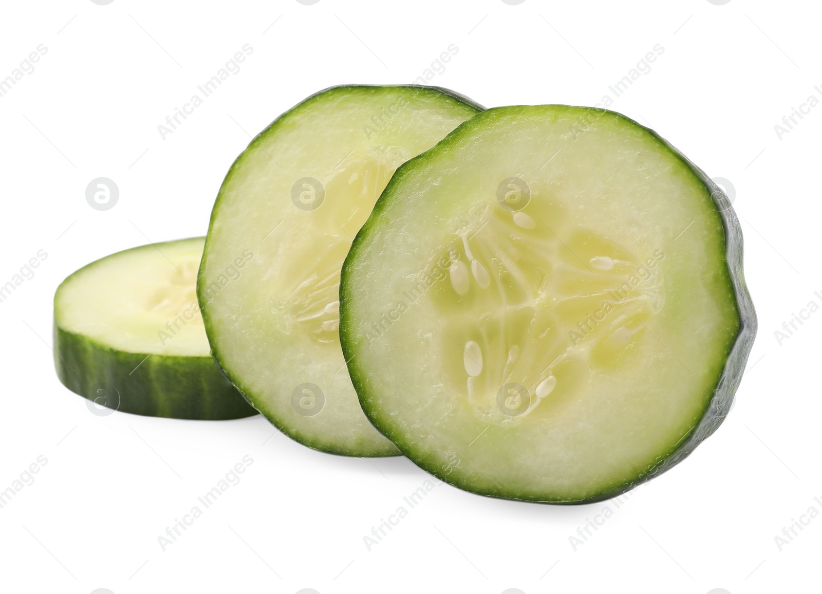 Photo of Slices of long cucumber isolated on white