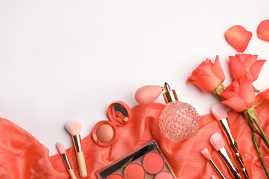 Photo of Flat lay composition with coral accessories and roses on white background. Space for text