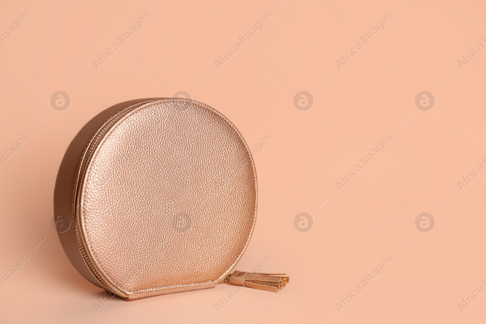 Photo of Stylish woman's bag on pale pink background. Space for text