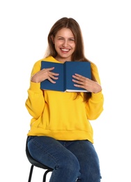 Beautiful young woman with book on white background. Reading time