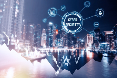 Text CYBER SECURITY, icons and cityscape on background