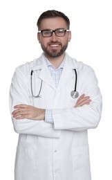 Portrait of young doctor on white background