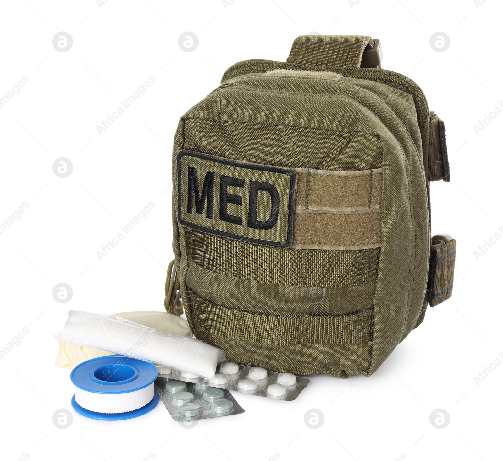 Photo of Military first aid kit with items isolated on white