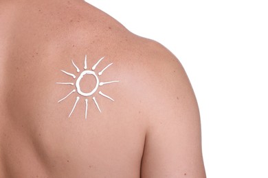 Photo of Man with sun protection cream on his back against white background, closeup