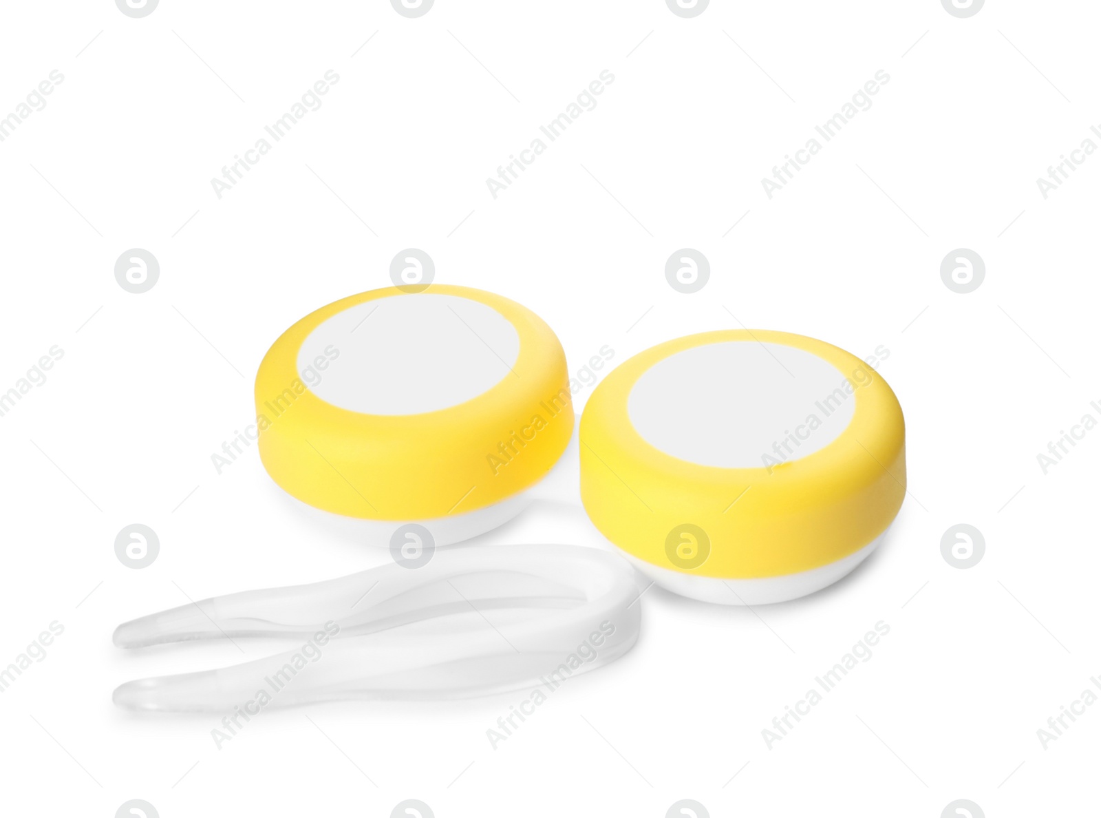 Photo of Container with contact lenses and tweezers on white background. Medical item