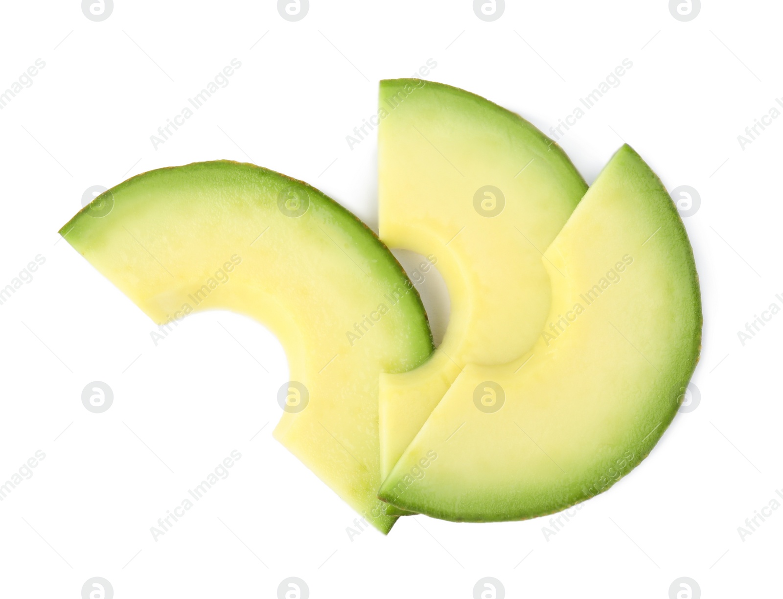 Photo of Slices of tasty ripe avocado on white background, top view