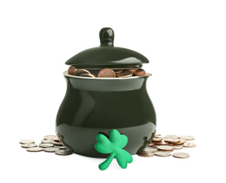 Photo of Pot of gold coins and clover on white background. St. Patrick's Day celebration