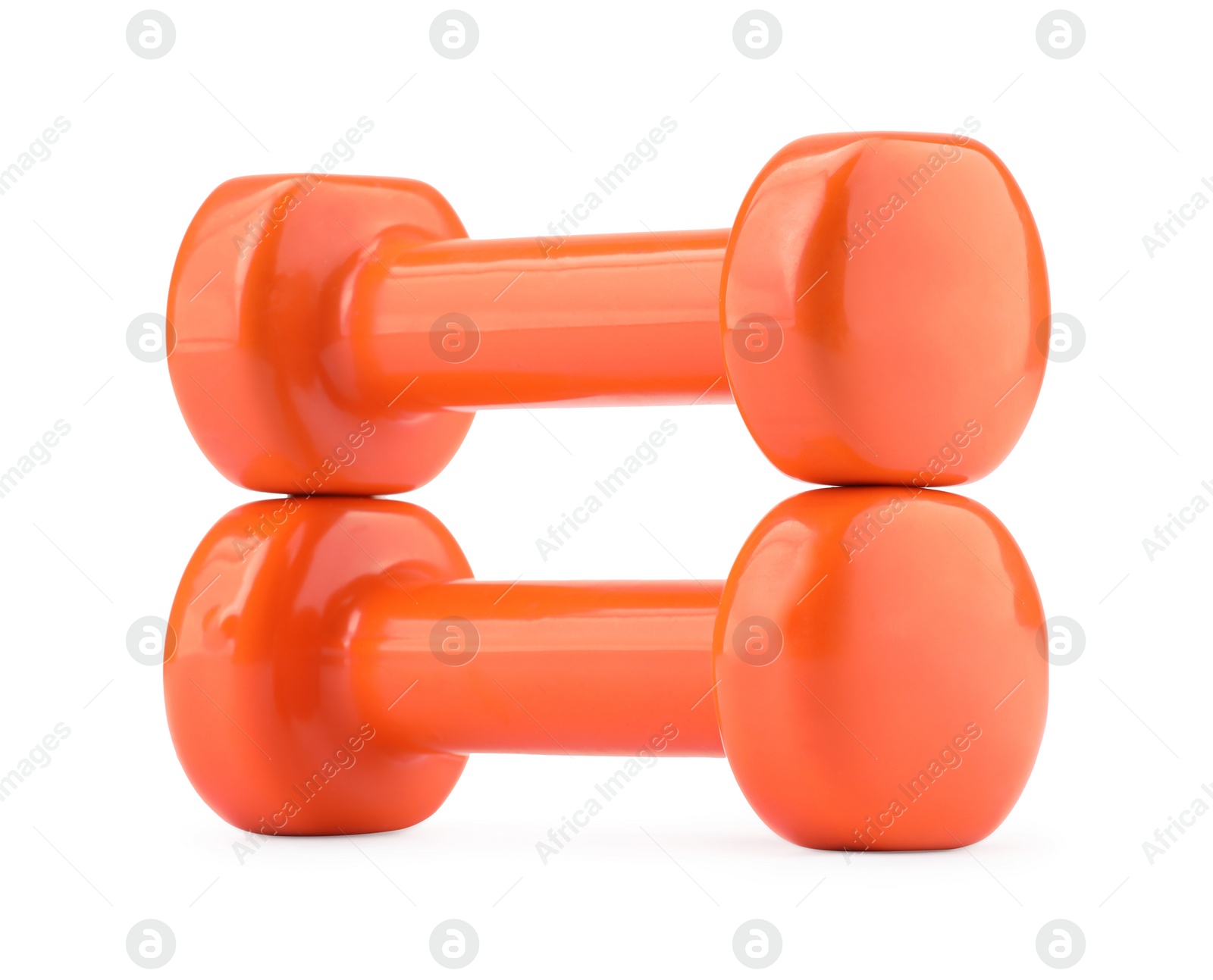 Photo of Orange dumbbells isolated on white. Sports equipment