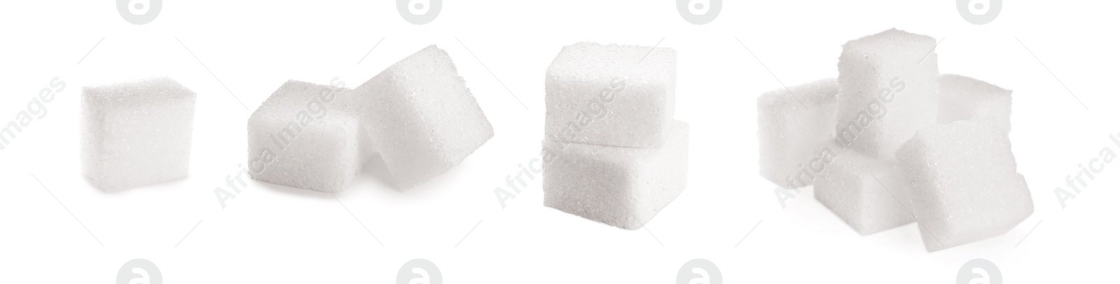 Image of Set with cubes of sugar on white background. Banner design