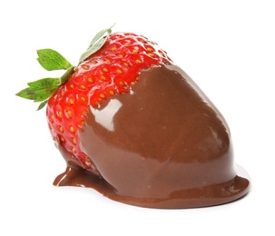 Photo of Tasty strawberry dipped into chocolate fondue on white background