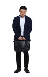 Photo of Tired businessman with briefcase posing on white background